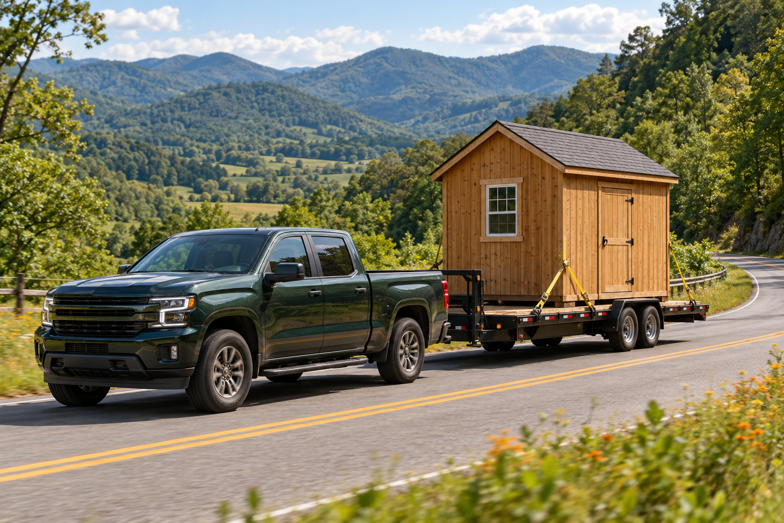 Illustration of a truck transporting a portable shed through the mountains
