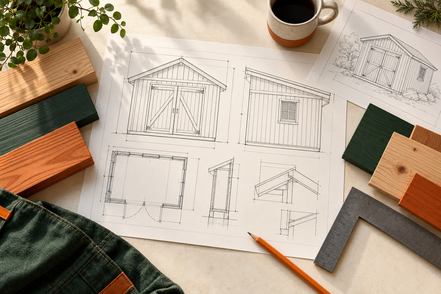 Illustration of shed plans, timber samples, and measuring tools