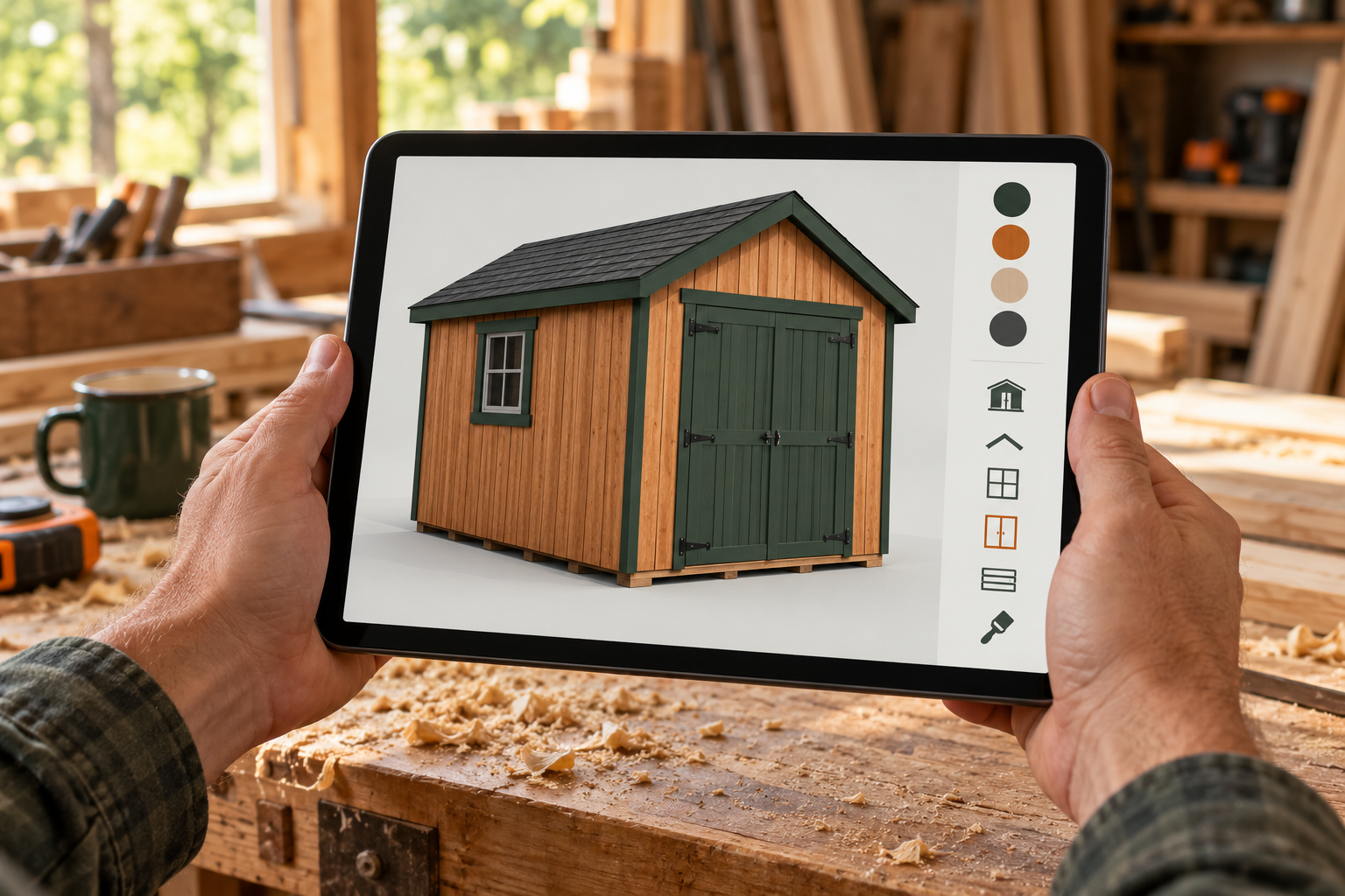Illustration of a tablet displaying a 3D shed design