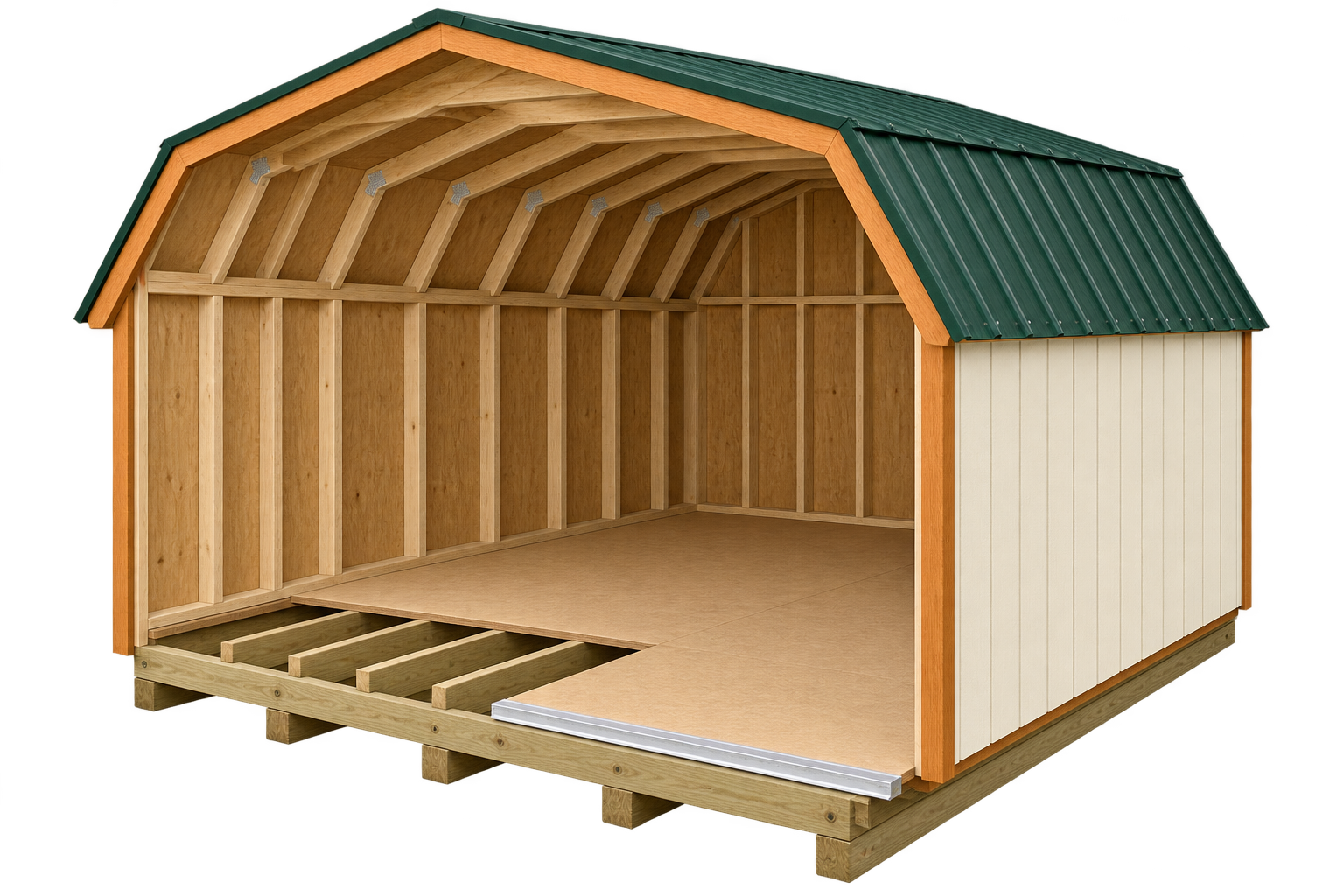 Illustrative cutaway of a shed showing its roof, wall framing, siding, floor joists, and doorway
